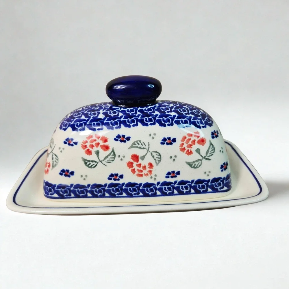 Boleslawiec Polish Pottery Butter Dish Covered Tray Floral Blue Red Hand Made 95